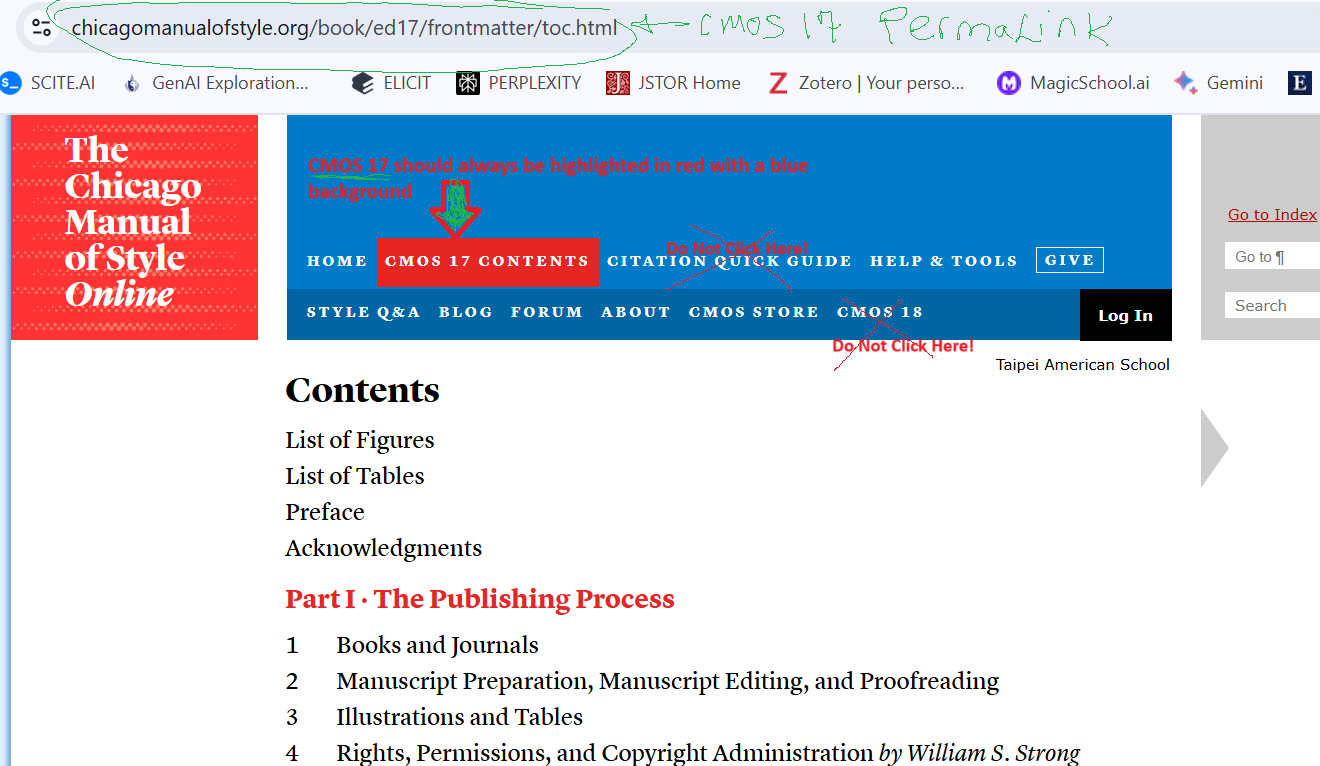 Screenshot with CMOS 17th Edition Features Permalink Instructions on how to Stay Within the Edition